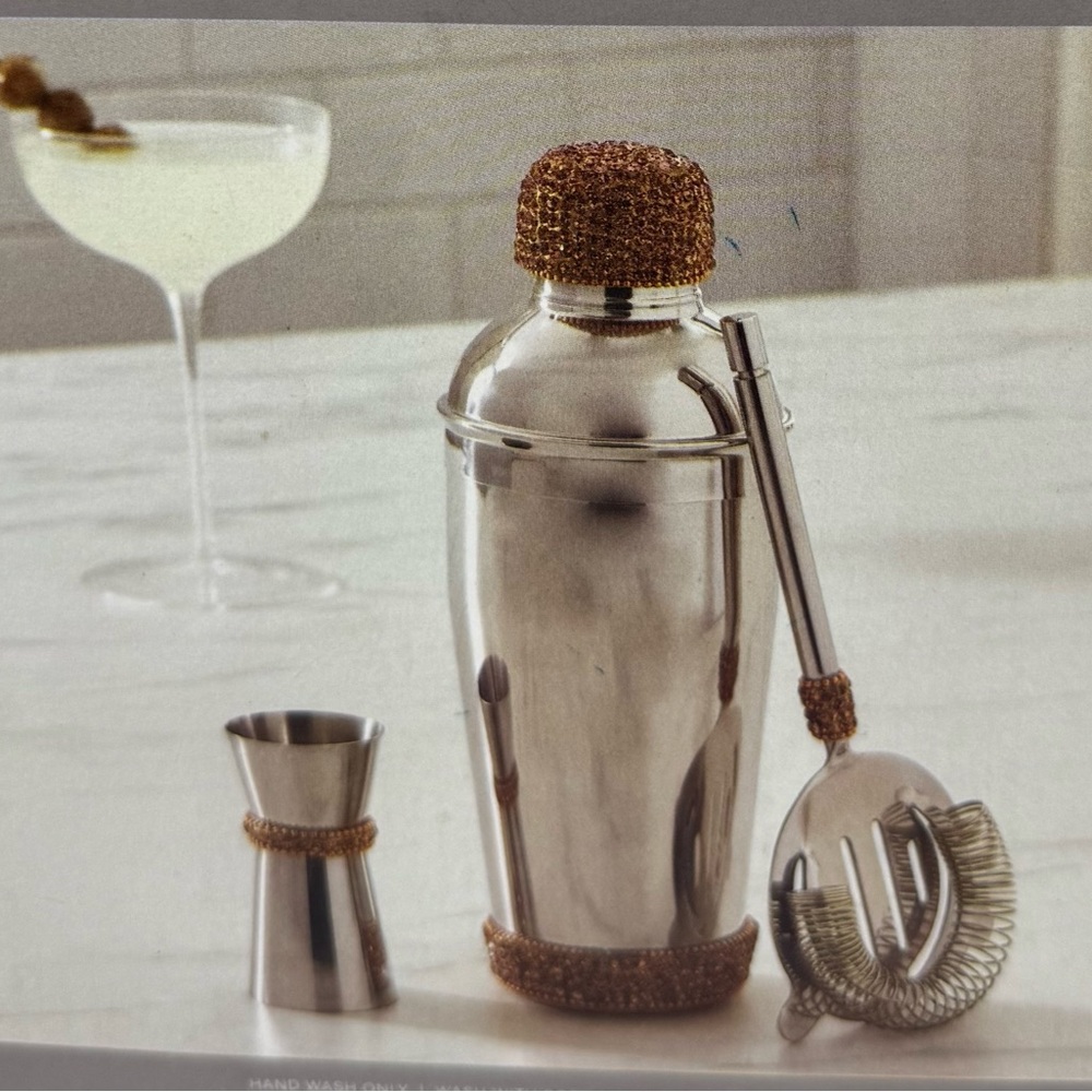 Beekman 1802 Silver Cocktail Shaker Set with Tan Accents